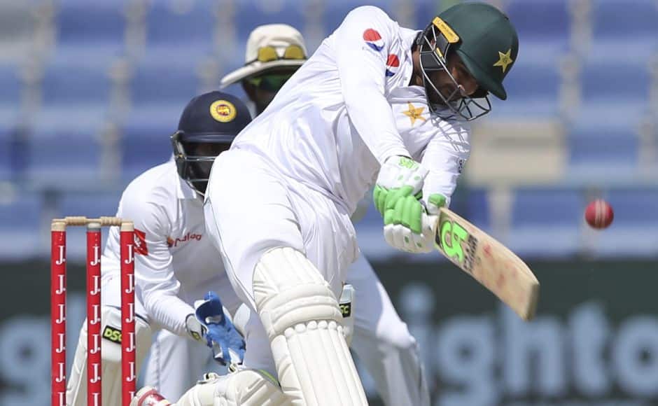 Pakistan’s Harris Sohail plays a shot during their fourth day at the First Test cricket match against Sri Lanka in Abu Dhabi, United Arab Emirates, Sunday, Oct. 1, 2017. (AP Photo/Kamran Jebreili)