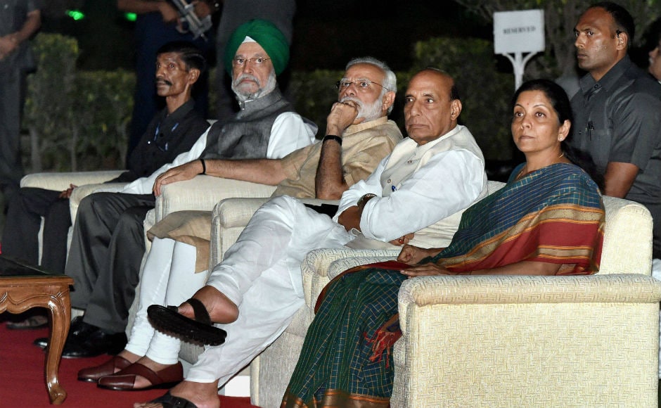 Prime Minister Narendra Modi and other Cabinet ministers attended the inauguration of new dynamic lighting of North and South blocks which has the potential to present an amazing 16 million colour combinations. PTI Prime Minister Narendra Modi and other Cabinet ministers attended the inauguration of new dynamic lighting of North and South blocks which has the potential to present an amazing 16 million colour combinations. PTI
