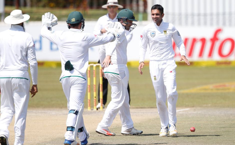 Keshav Maharaj chipped in with two more lbws to leave Bangladesh on 73-8 at the first drinks break after just an hour’s play. Mustafizur Rahman was the last wicket to fall as Maharaj bagged a caught and bowled. Twitter @ICC