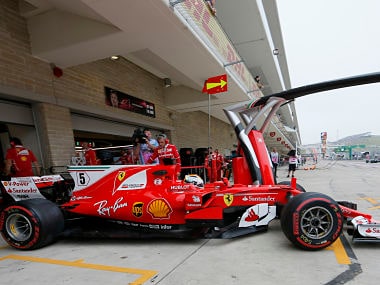 Sebastian Vettel pulls out of his garage during the first practice session for the US Grand Prix. AP