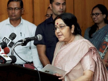 External Affairs Minister Sushma Swaraj addresses the media in Dhaka on Sunday. PTI