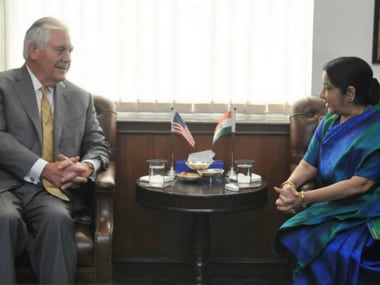 US Secretary of State Rex Tillerson with Indian external affairs minister Sushma Swaraj on Wednesday. Twitter@RaveeshKumar