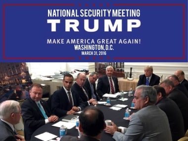In a photo from President Donald Trump's Twitter account, George Papadopoulos, third from left, sits in what is labelled at a national security meeting in Washington.