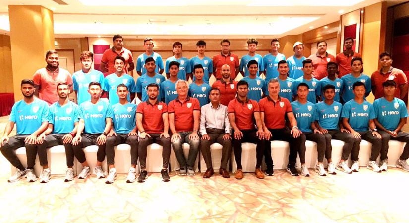 The U-17 Indian football team pose for an official photograph with the coaches and support staff. Image courtesy: Twitter @IndianFootball
