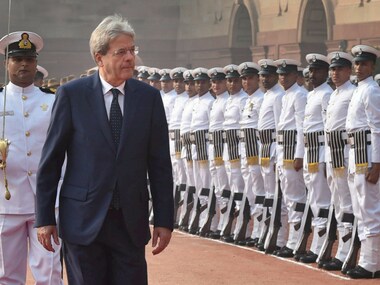 Italian prime minister Paolo Gentiloni inspecting a guard of honor during his ceremonial reception at the Rashtrapati Bhawan. PTI