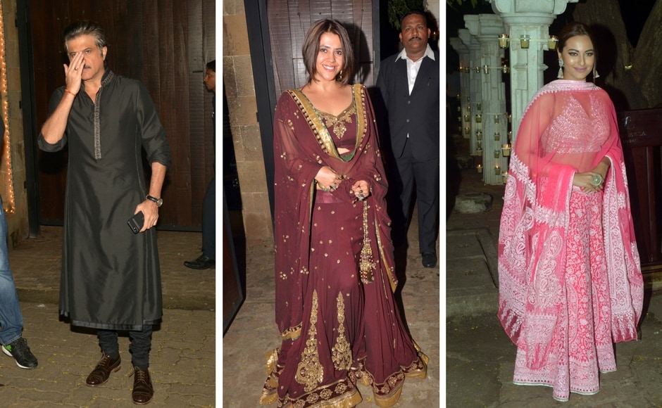 Sonam Kapoor hosted a Diwali bash at her home on Thursday evening. Seen here is father Anil kapoor; Ekta Kapoor and Sonakshi Sinha. Anil had made a qucik pit-stop at Shilpa Shetty's Diwali party as well. Photo: Sachin Gokhale/Firstpost Sonam Kapoor hosted a Diwali bash at her home on Thursday evening. Seen here is father Anil kapoor; Ekta Kapoor and Sonakshi Sinha. Anil had made a qucik pit-stop at Shilpa Shetty's Diwali party as well. Photo: Sachin Gokhale/Firstpost