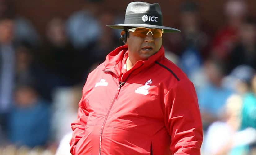 Ahsan Raza officiating during the ICC Women’s World Cup match between England and New Zealand in Derby. Getty Images