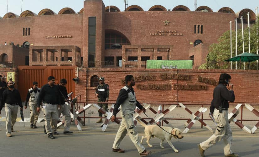 Pakistani security personnel search the area outside the Gaddafi Cricket Stadium in Lahore ahead of Sunday’s T20I between Pakistan and Sri Lanka. AFP