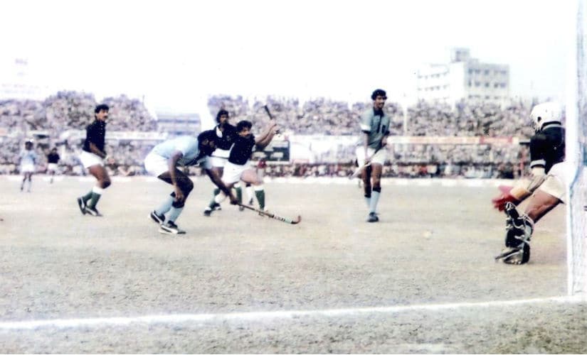 India defend in the final of the 1985 Hockey Asia Cup in Dhaka. In the picture are Pargat Singh, MM Somaya and Indian goalkeeper Romeo James. Firstpost/ Sundeep Misra