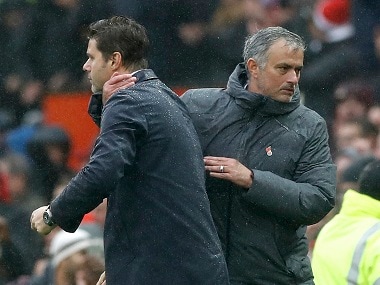 Jose Mourinho with Mauricio Pochettino after the match between Manchester United and Tottenham Hotspur. AP