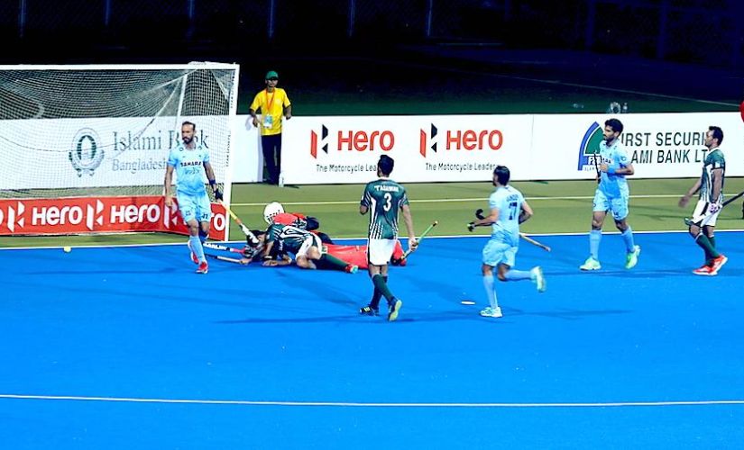 India's Ramandeep Singh reacts after scoring against Pakistan. Image courtesy: Neeraj Tiwari