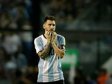 Argentina's Lionel Messi reacts during a World Cup qualifying soccer match against Peru at La Bombonera stadium in Buenos Aires, Argentina, Thursday, Oct. 5, 2017. Argentina tied the match 0-0 and is almost eliminated from the upcoming World Cup in Russia. (AP Photo/Victor R. Caivano)