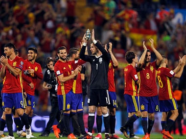 Spain players celebrate at the end of the World Cup Group G qualifying soccer match between Spain and Albania at the Rico Perez stadium in Alicante, Spain, Friday, Oct. 6, 2017. Spain won 3-0 and qualified for the 2018 tournament finals. (AP Photo/Alberto Saiz)
