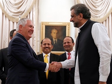 US secretary of state Rex Tillerson shakes hands with Pakistani prime minister Shahid Khan Abbasi. AP