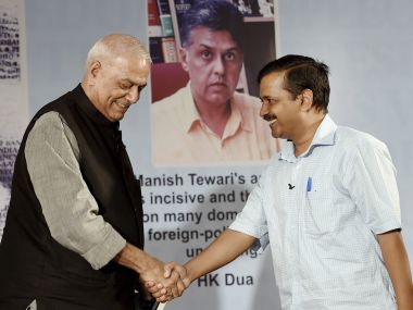 Delhi Chief Minister Arvind Kejriwal and senior BJP leader Yashwant Sinha at the release of Congress leader Manish Tewari's book launch in Delhi on Thursday. PTI
