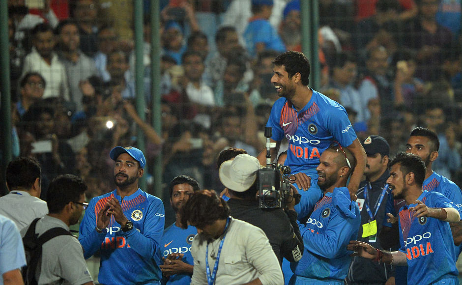 Indian cricket team players carried Nehraji as he took a lap of honour around his home ground as one of India's longest-serving players bade farewell to cricket. AFP Indian cricket team players carried Nehraji as he took a lap of honour around his home ground as one of India's longest-serving players bade farewell to cricket. AFP