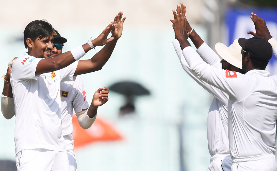 Sri Lanka's Suranga Lakmal (L) celebrates the wicket of India's Bhuvneshwar Kumar. At one stage, it was looking tough for India to cross the 150-run mark but the lower order came up fine against the Lankans. The host team were finally bowled out for 172. AFP Sri Lanka's Suranga Lakmal (L) celebrates the wicket of India's Bhuvneshwar Kumar. At one stage, it was looking tough for India to cross the 150-run mark but the lower order came up fine against the Lankans. The host team were finally bowled out for 172. AFP
