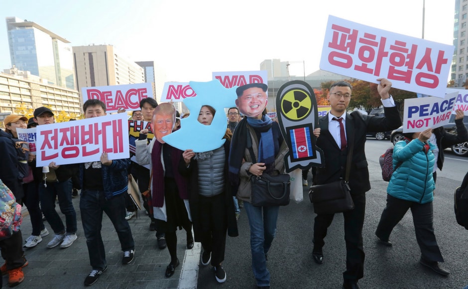 The protesters fear that if Trump continues with his fierce stance against North Korea during the visit, it could aggravate the conflict between Pyongyang and Seoul. AP The protesters fear that if Trump continues with his fierce stance against North Korea during the visit, it could aggravate the conflict between Pyongyang and Seoul. AP