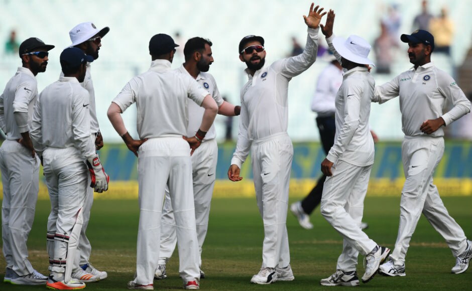 Much was dependent on Nirishan Dickwella and Dinesh Chandimal to take forward their team but both of them didn't last long. Here Virat Kohli and team are seen celebrating Dickwella's dismissal. AFP Much was dependent on Nirishan Dickwella and Dinesh Chandimal to take forward their team but both of them didn't last long. Here Virat Kohli and team are seen celebrating Dickwella's dismissal. AFP