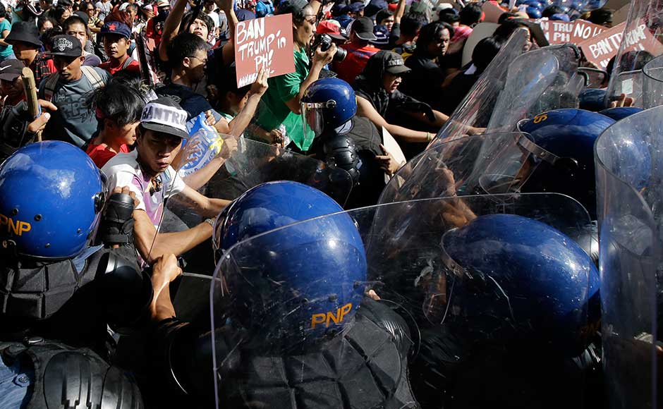 The Philippines will be Trump’s last stop on a marathon tour across Asia. Despite Trump’s “America First” policy, the visit should provide some reassurance that Washington remains committed to a region that Beijing sees as its strategic domain. Protesters scuffle with police as they are dispersed while trying to get near the US Embassy in Manila. AP The Philippines will be Trump’s last stop on a marathon tour across Asia. Despite Trump’s “America First” policy, the visit should provide some reassurance that Washington remains committed to a region that Beijing sees as its strategic domain. Protesters scuffle with police as they are dispersed while trying to get near the US Embassy in Manila. AP