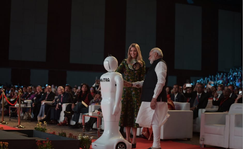 The event was kickstarted after the two leaders pressed buttons on Mitra, a robot made by Bengaluru-based Invento Robotics. Twitter@NarendraModi The event was kickstarted after the two leaders pressed buttons on Mitra, a robot made by Bengaluru-based Invento Robotics. Twitter@NarendraModi