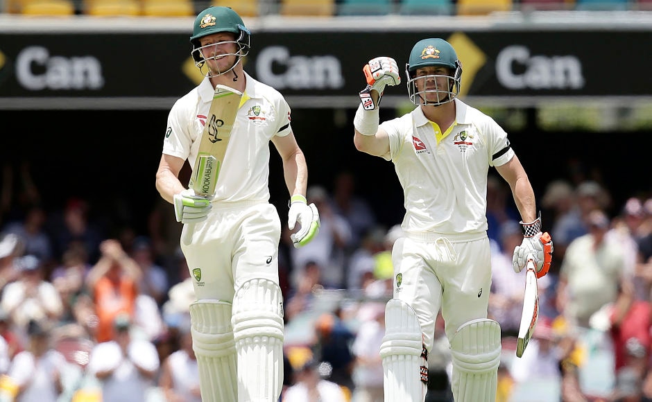 David Warner, right, pumps his fist, after and he and his opening partner Cameron Bancroft took Australia to a 10-wicket victory over England in the first Ashes Test at the Gabba in Brisbane, Australia. AP David Warner, right, pumps his fist, after and he and his opening partner Cameron Bancroft took Australia to a 10-wicket victory over England in the first Ashes Test at the Gabba in Brisbane, Australia. AP