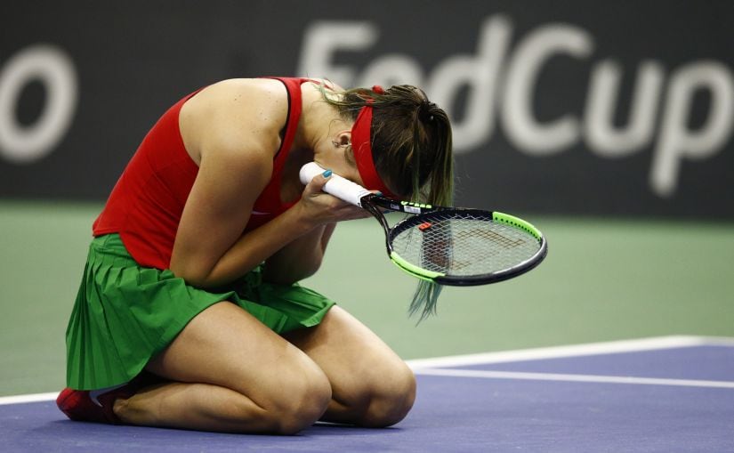 Aryna Sabalenka reacts after defeating Sloane Stephens in the Fed Cup. This win was the biggest of her career so far. Reuters