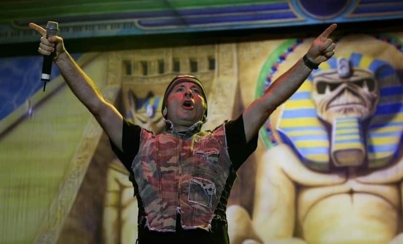 British heavy metal band Iron Maiden’s lead vocalist Bruce Dickinson performs during a concert at the Morera Soto Stadium in Alajuela March 3, 2009. The band, on their 