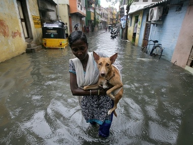 A woman carries a dog as she wades through a water-logged by-lanes in Chennai. Reuters.