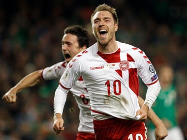 Denmark's Christian Eriksen celebrates after scoring his side's third goal during the World Cup qualifying play off second leg match against Ireland. AP