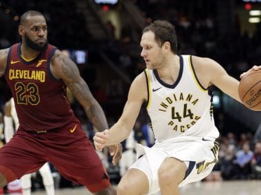 Indiana Pacers' Bojan Bogdanovic (44), from Croatia, drives against Cleveland Cavaliers' LeBron James (23) in the second half of an NBA basketball game, Wednesday, Nov. 1, 2017, in Cleveland. The Pacers won 124-107. (AP Photo/Tony Dejak)