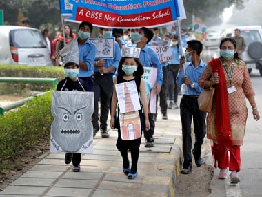 File image of school children marching to express their distress on the alarming levels of pollution in Delhi. AP