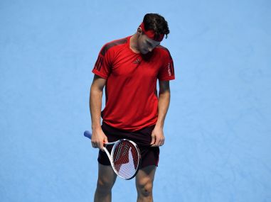 Dominic Thiem reacts during his group stage match against David Goffin. Reuters