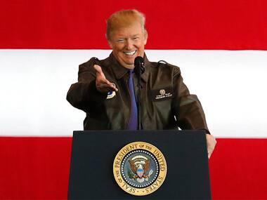 Donald Trump delivers his speech to the U.S. military personnel upon his arrival at the U.S. Yokota Air Base on the outskirts of Tokyo. AP