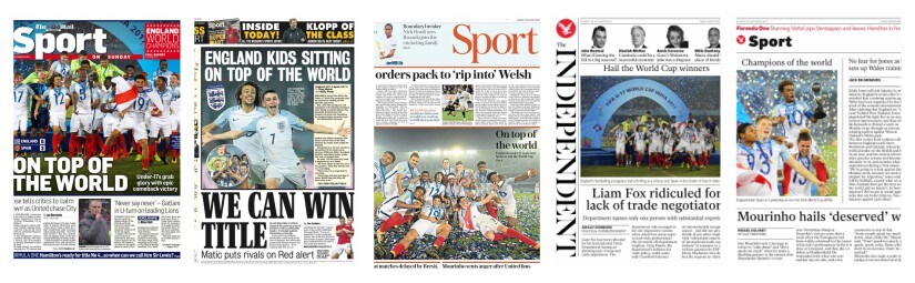 The Daily Mail, The Daily Express, The Daily Telegraph and the Independent prominently featured the U-17 team's victory on their sports pages.