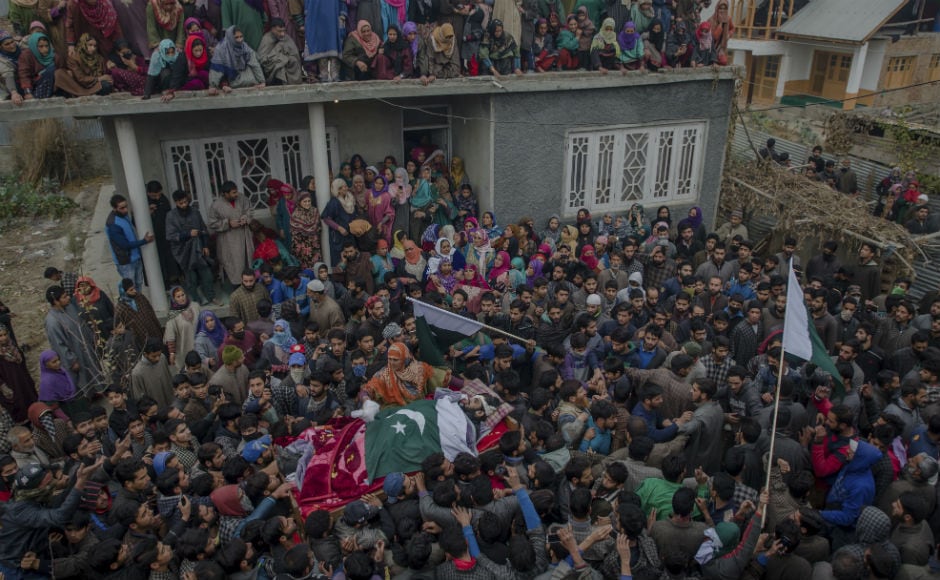 Thousands of people on Tuesday participated in the last rites of slain Hizbul Mujahideen militants — Toib Majeed Mir and Ashiq Ahmed Bhat — in north Kashmir’s Baramulla on Thursday. AP Thousands of people on Tuesday participated in the last rites of slain Hizbul Mujahideen militants — Toib Majeed Mir and Ashiq Ahmed Bhat — in north Kashmir’s Baramulla on Thursday. AP