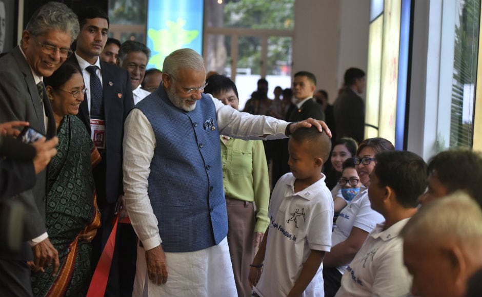 The prime minister also visited Mahaveer Philippine Foundation that provides free Indian-made prosthesis 'Jaipur Foot' to needy amputees. Modi also interacted with children at the foundation. Twitter @narendramodi The prime minister also visited Mahaveer Philippine Foundation that provides free Indian-made prosthesis 'Jaipur Foot' to needy amputees. Modi also interacted with children at the foundation. Twitter @narendramodi