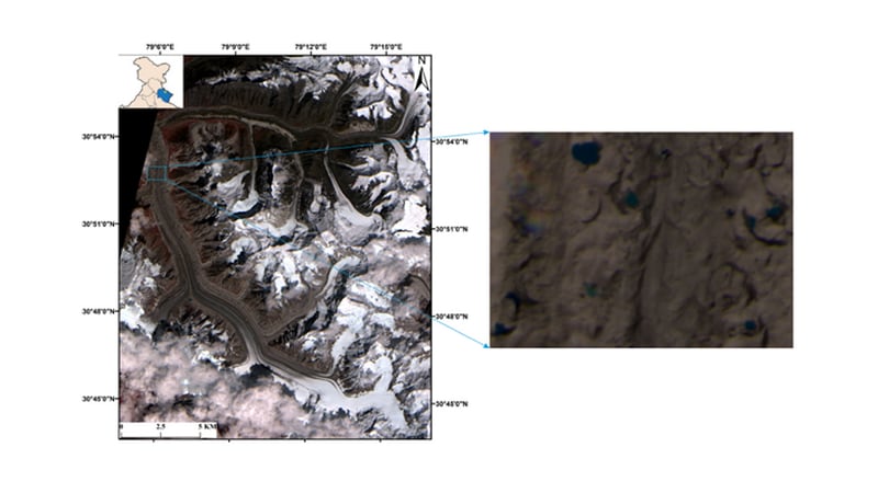 Satellite image of Gangotri glacier (with its location shown in the inset image). The zoomed-in view represents glacial lakes. India Science Wire