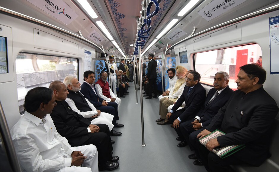 After inaugurating the Metro, Modi and Telangana chief minister K Chandrasekhar Rao took a ride on it, travelling from Miyapur to Kukatpally. The other leaders included Governor of Andhra Pradesh and Telangana ESL Narasimhan and Urban affairs minister Hardeep Singh Puri. PIB After inaugurating the Metro, Modi and Telangana chief minister K Chandrasekhar Rao took a ride on it, travelling from Miyapur to Kukatpally. The other leaders included Governor of Andhra Pradesh and Telangana ESL Narasimhan and Urban affairs minister Hardeep Singh Puri. PIB