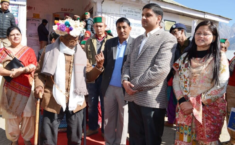 Shyam Sharan Negi (101), the first voter of India, cast his vote for the 15th time in Assembly polls at Kalpa in Kinnaur district. Image credit: S Chauhan Shyam Sharan Negi (101), the first voter of India, cast his vote for the 15th time in Assembly polls at Kalpa in Kinnaur district. Image credit: S Chauhan