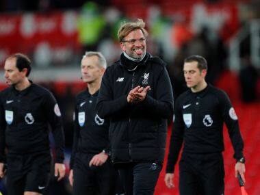 Liverpool manager Juergen Klopp celebrates after the match with Stoke City. Reuters
