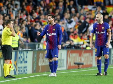 Barcelonas Lionel Messi remonstrates with the assistant referee after he was denied a goal. Reuters