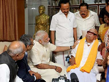 Narendra Modi in Chennai: PM meets Karunanidhi, MK Stalin; enquires about DMK president's health Narendra Modi in Chennai: PM meets Karunanidhi, MK Stalin; enquires about DMK president's health