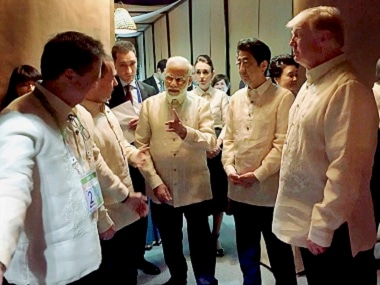Narendra Modi with Donald Trump and Shinzo Abe at the Quad dialogue in Manila. PTI