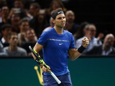 Rafael Nadal celebrates his victory over Pablo Cuevas at the Paris Masters. AP
