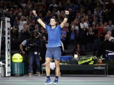 Rafael Nadal celebrates winning against  Hyeon Chung at the Paris Masters. AFP