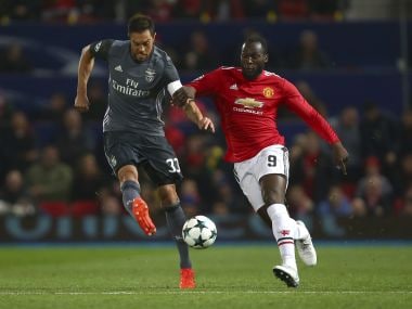File image of Manchester United's Romelu Lukaku fighting for the ball with Benfica's Jardel. AP
