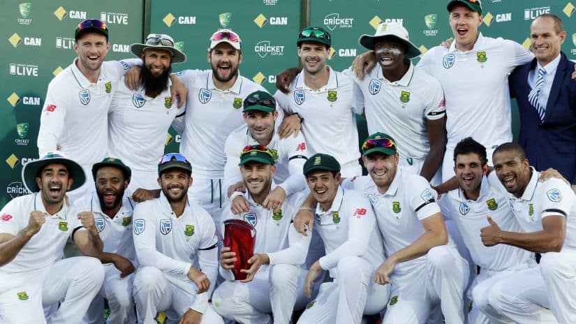 South Africa’s captain Faf du Plessis holds the Test series trophy with teammates after defeating Australia in their 2016 series. Reuters
