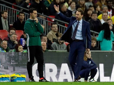 England manager Gareth Southgate protests during the international friendly against Brazil. AP