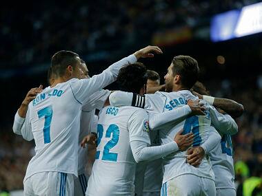 Real Madrid players celebrate a goal against Las Palmas during the Spanish La Liga soccer match between Real Madrid and Las Palmas at the Santiago Bernabeu stadium in Madrid, Sunday, Nov. 5, 2017. Real Madrid won 3-0. (AP Photo/Francisco Seco)